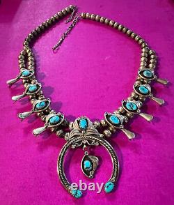 Vintage Small Navajo Indian Child's Silver & Turquoise Squash Blossom Necklace