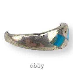 Vintage Southwestern Sterling Silver Three Stone Inlay Turquoise Ring Size 7.75
