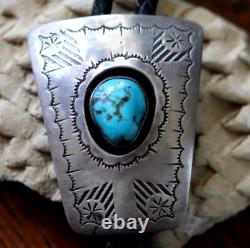 Vintage Southwestern TURQUOISE STONE + STERLING silver bolo SHADOWBOX Navajo