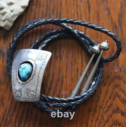 Vintage Southwestern TURQUOISE STONE + STERLING silver bolo SHADOWBOX Navajo