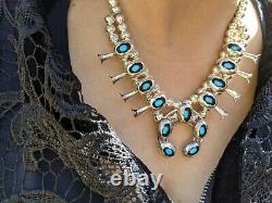 Vintage Squash Blossom Necklace Earrings Set Turquoise Signed Navajo Jewelry