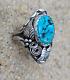 Vintage Sterling Navajo Ring with Turquoise & Leaves 11-3/4