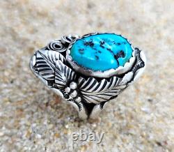 Vintage Sterling Navajo Ring with Turquoise & Leaves 11-3/4