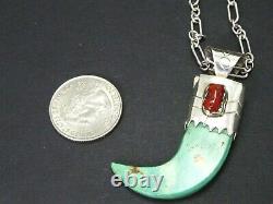 Vintage Sterling Navajo Turquoise & Coral Claw Pend. & Necklace 25g i7311
