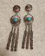Vintage Sterling Navajo Turquoise Flower Chandelier Dangle Feather Earrings