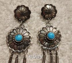 Vintage Sterling Navajo Turquoise Flower Chandelier Dangle Feather Earrings