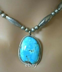 Vintage Sterling Silver Bench Beads Large Navajo 29mm Turquoise Pendant Necklace