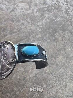 Vintage Sterling Silver Bracelet with Liberty Half Dollar & Turquoise Navajo Made