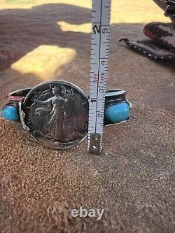 Vintage Sterling Silver Bracelet with Liberty Half Dollar & Turquoise Navajo Made