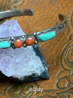 Vintage Sterling Silver Cuff BraceletTurquoise Coral Stones Native American