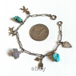 Vintage Sterling Silver Fred Harvey Era Thunderbird Turquoise Charm Bracelet