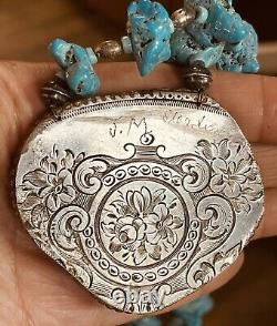 Vintage Sterling Silver Huge Turquoise Pendant & Nuggets Necklace Navajo Signed