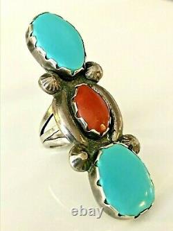 Vintage Sterling Silver LONG 2.25 Sleeping Beauty Turquoise & Coral Ring 925
