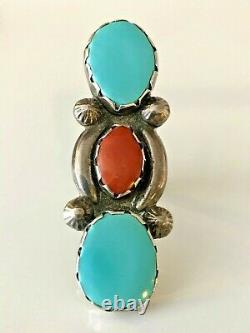 Vintage Sterling Silver LONG 2.25 Sleeping Beauty Turquoise & Coral Ring 925
