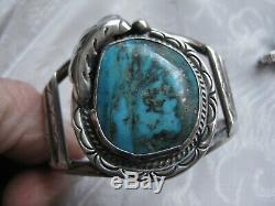 Vintage Sterling Silver NAVAJO Wide Cuff Bracelet With Large Turquoise With Ore