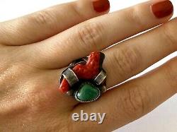 Vintage Sterling Silver Native American Red Coral Turquoise Ladies Ring Size 8