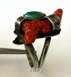Vintage Sterling Silver Native American Red Coral Turquoise Ladies Ring Size 8