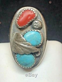 Vintage Sterling Silver Native American Ring Natural Turquoise Coral Old Pawn