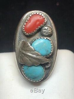 Vintage Sterling Silver Native American Ring Natural Turquoise Coral Old Pawn