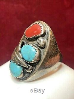 Vintage Sterling Silver Native American Ring Natural Turquoise Coral Old Pawn