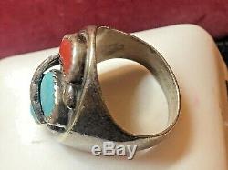 Vintage Sterling Silver Native American Ring Natural Turquoise Coral Old Pawn