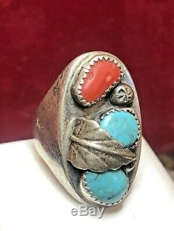 Vintage Sterling Silver Native American Ring Natural Turquoise Coral Old Pawn