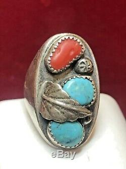 Vintage Sterling Silver Native American Ring Natural Turquoise Coral Old Pawn