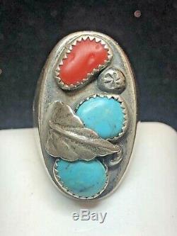 Vintage Sterling Silver Native American Ring Natural Turquoise Coral Old Pawn