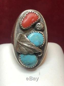 Vintage Sterling Silver Native American Ring Natural Turquoise Coral Old Pawn