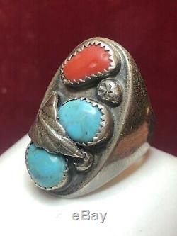 Vintage Sterling Silver Native American Ring Natural Turquoise Coral Old Pawn