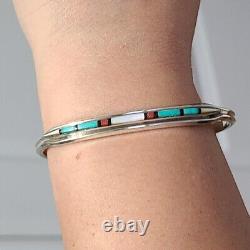 Vintage Sterling Silver Navajo Native Boho Turquoise Coral Open Cuff Bracelet