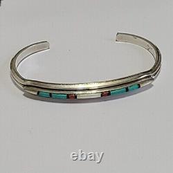 Vintage Sterling Silver Navajo Native Boho Turquoise Coral Open Cuff Bracelet