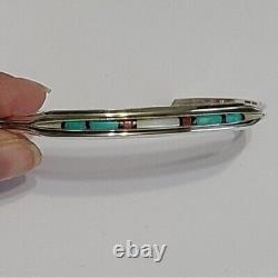 Vintage Sterling Silver Navajo Native Boho Turquoise Coral Open Cuff Bracelet