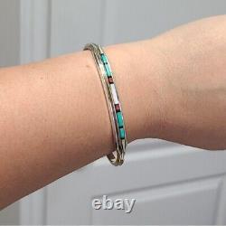 Vintage Sterling Silver Navajo Native Boho Turquoise Coral Open Cuff Bracelet