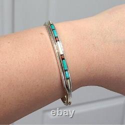 Vintage Sterling Silver Navajo Native Boho Turquoise Coral Open Cuff Bracelet