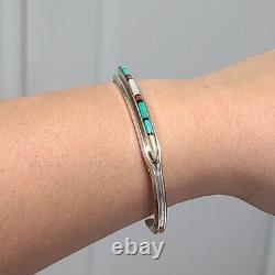 Vintage Sterling Silver Navajo Native Boho Turquoise Coral Open Cuff Bracelet