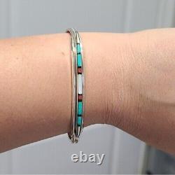 Vintage Sterling Silver Navajo Native Boho Turquoise Coral Open Cuff Bracelet