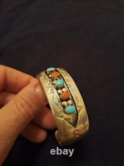 Vintage Sterling Silver Navajo Native Cuff Bracelet Turquoise And Coral. W. Long