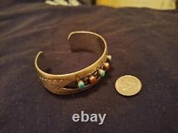 Vintage Sterling Silver Navajo Native Cuff Bracelet Turquoise And Coral. W. Long