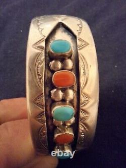 Vintage Sterling Silver Navajo Native Cuff Bracelet Turquoise And Coral. W. Long