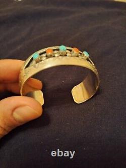 Vintage Sterling Silver Navajo Native Cuff Bracelet Turquoise And Coral. W. Long