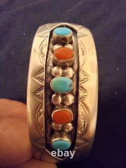 Vintage Sterling Silver Navajo Native Cuff Bracelet Turquoise And Coral. W. Long