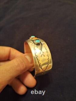 Vintage Sterling Silver Navajo Native Cuff Bracelet Turquoise And Coral. W. Long