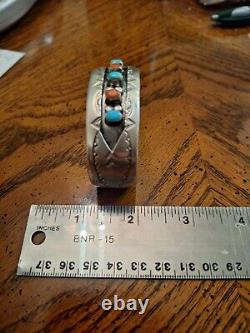 Vintage Sterling Silver Navajo Native Cuff Bracelet Turquoise And Coral. W. Long