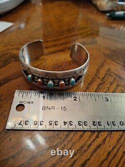 Vintage Sterling Silver Navajo Native Cuff Bracelet Turquoise And Coral. W. Long