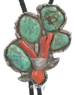 Vintage Sterling Silver Navajo Old Pawn Quality Ajax Turquoise and Coral Bolo