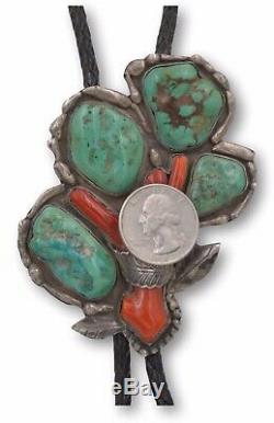 Vintage Sterling Silver Navajo Old Pawn Quality Ajax Turquoise and Coral Bolo