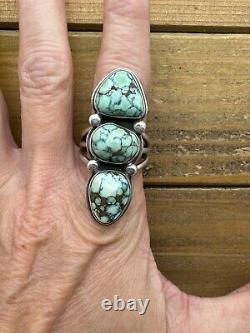 Vintage Sterling Silver Navajo Orville Tsinnie 3 Turquoise Stone Ring Size 10.25