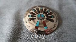 Vintage Sterling Silver Navajo Pendant / Brooch Coral Turquoise Inlay Begay