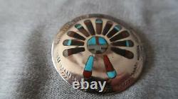 Vintage Sterling Silver Navajo Pendant / Brooch Coral Turquoise Inlay Begay